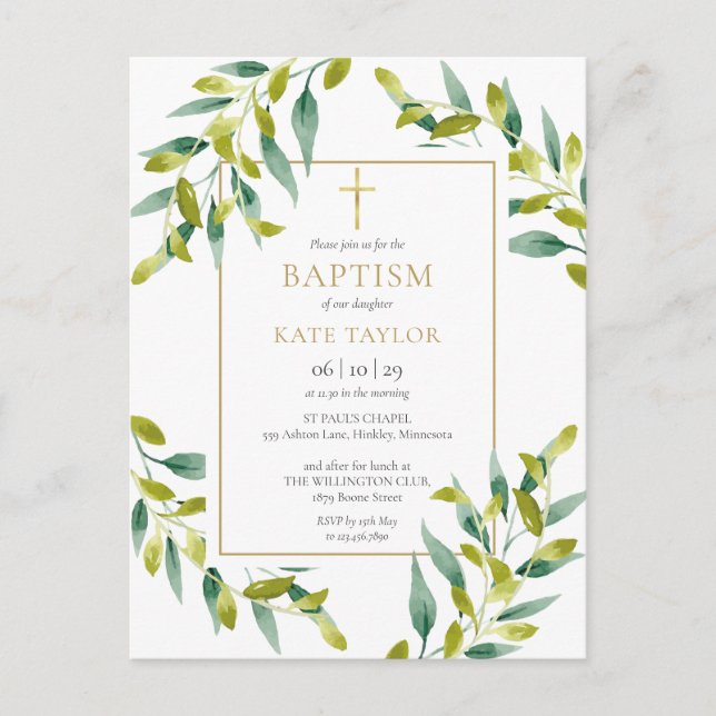 Invitation Carte Postale Feuillage vert Baptême Christening (Devant)