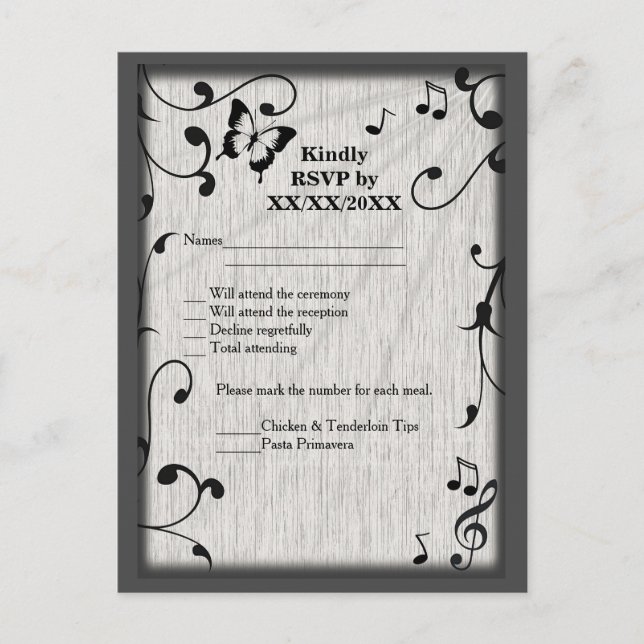Invitation Carte Postale Feuille  gris et noir Mariage de bois (Devant)