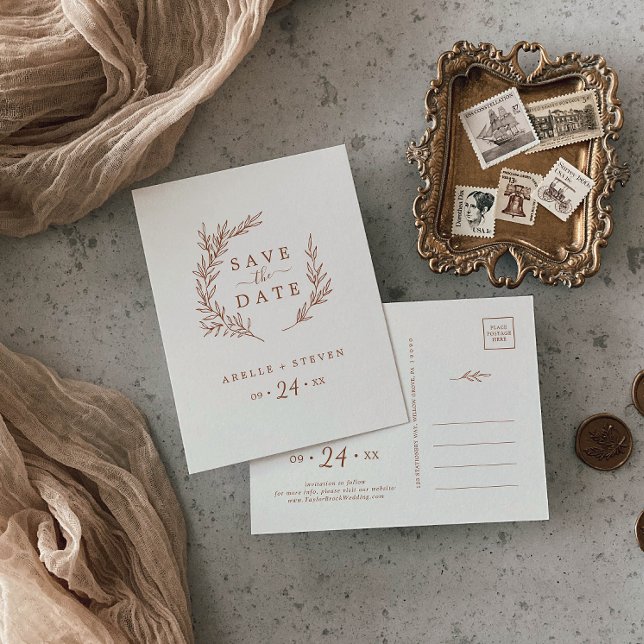 Invitation Carte Postale Feuille minimale | Boho Cream Enregistrer la date (Créateur téléchargé)