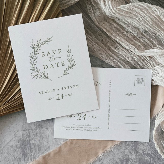 Invitation Carte Postale Feuille minimale | Vert olive Enregistrer la date (Créateur téléchargé)