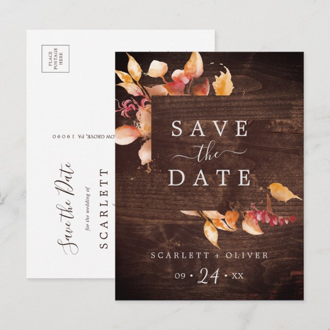 Invitation Carte Postale Feuilles automnales | Bois rustique Enregistrer la (Devant / Derrière)