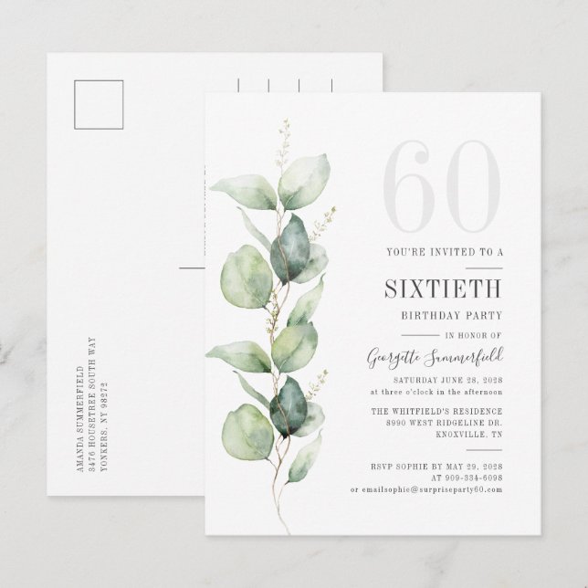 Invitation Carte Postale Feuilles d'aquarelle d'eucalyptus moderne pour 60e (Devant / Derrière)