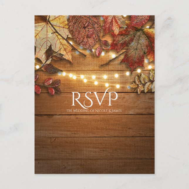 Invitation Carte Postale Feuilles d'automne et lumières féériques sur bois  (Devant)