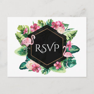 Invitation Carte Postale Feuilles tropicaux Hibiscus Flamants roses mariage