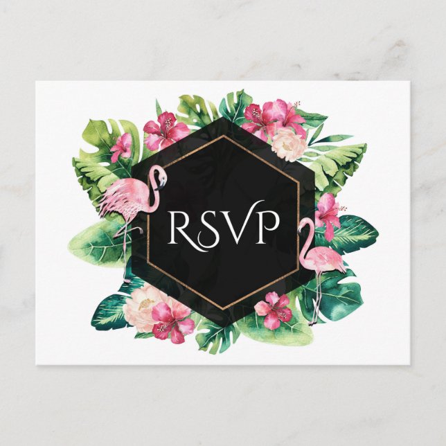 Invitation Carte Postale Feuilles tropicaux Hibiscus Flamants roses mariage (Devant)
