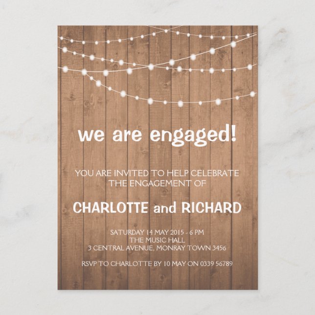 Invitation Carte Postale Feux d'invitation de la partie d'engagement bois e (Devant)