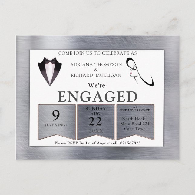 Invitation Carte Postale Fiançailles de design moderne Gold-Silver-Brass (Devant)