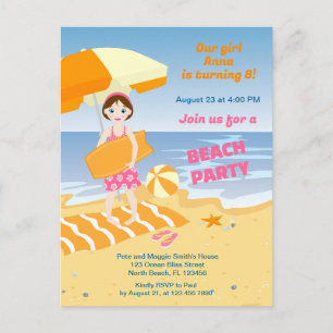 Invitation Carte Postale Fille bodyboard amusement fête d'anniversaire plag