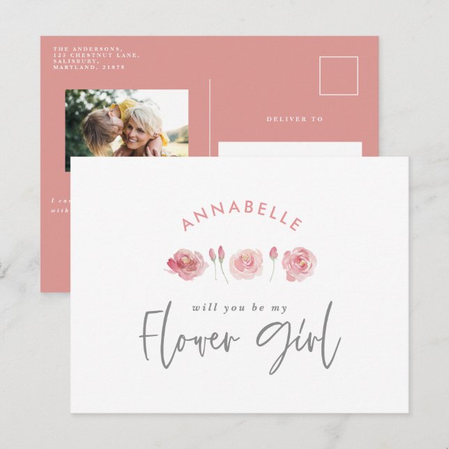 Invitation Carte Postale Fille fleurie chic aquarelle rose (Devant / Derrière)