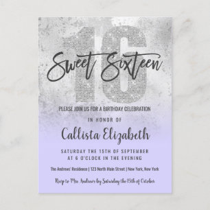 Invitation Carte Postale Fille Grunge Argent Lilac Parties scintillant Foil