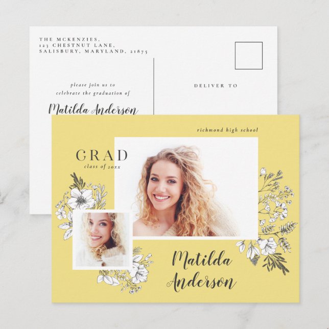 Invitation Carte Postale Fille multiphoto florale élégante fête de graduati (Devant / Derrière)