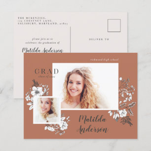 Invitation Carte Postale Fille multiphoto florale élégante fête de graduati