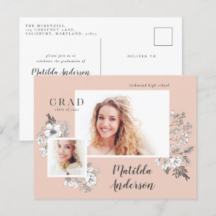 Invitation Carte Postale Fille multiphoto florale élégante fête de graduati