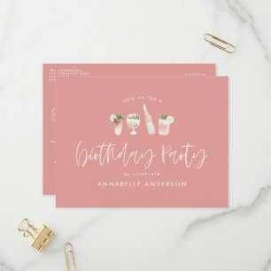 Invitation Carte Postale Fille rose moderne cocktail design fête d'annivers