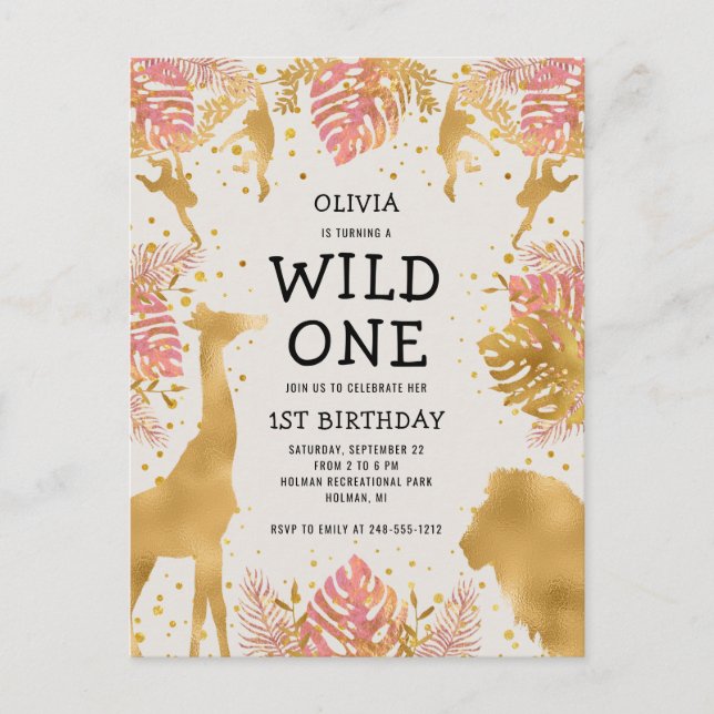 Invitation Carte Postale Filles 1er Anniversaire Fête Pink Ecru Safari (Devant)