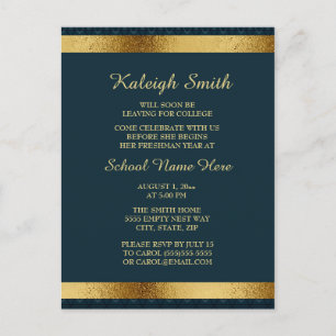Invitation Carte Postale Filles Elegant Marine Blue Gold College Trunk Part