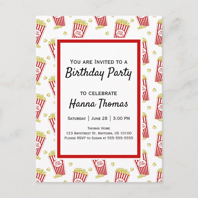 Invitation Carte Postale Film Popcorn Anniversaire (Devant)
