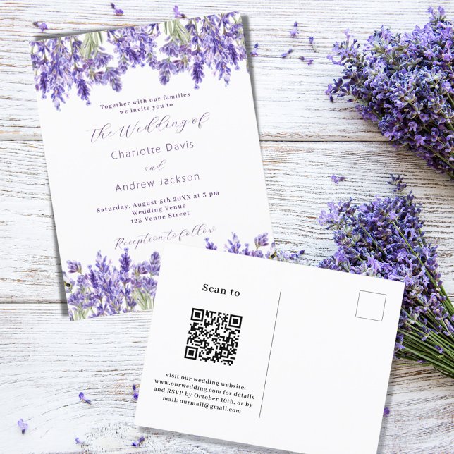 Invitation Carte Postale Fils violet lavande QR RSVP détails mariage (Créateur téléchargé)