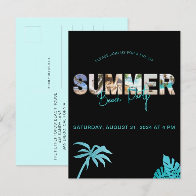 Invitation Carte Postale Fin d'été noir minimum de la fête de plage (Devant / Derrière)