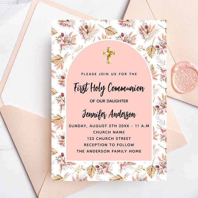 Invitation Carte Postale First Communion pampas fleurs rose or rose fille (Créateur téléchargé)