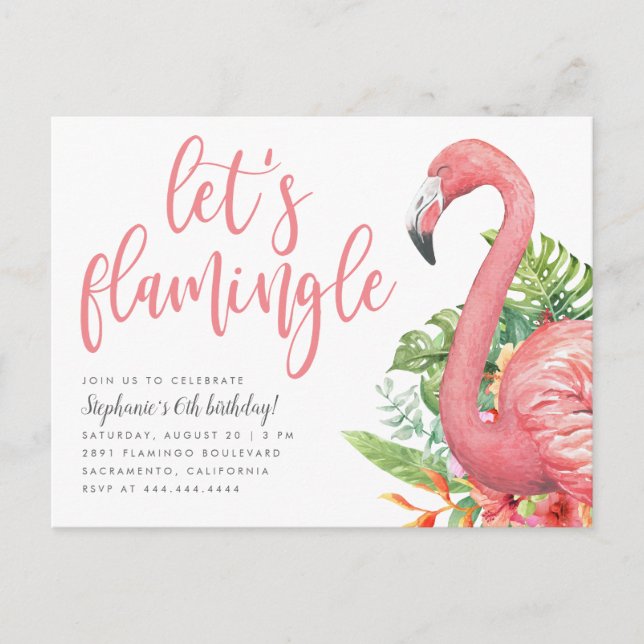 Invitation Carte Postale Flamant rose de feuillage tropical Flamingle Anniv (Devant)