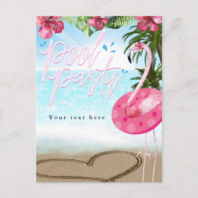Invitation Carte Postale Flamant rose Été Anniversaire PISCINE PARTY Beach (Devant)