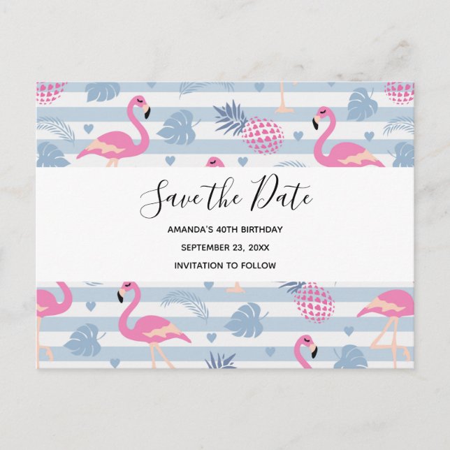 Invitation Carte Postale Flamant rose mignon et ananas Motif Enregistrer la (Devant)