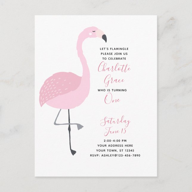 Invitation Carte Postale Flamant rose noir blanc rose fille 1er anniversair (Devant)