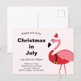 Invitation Carte Postale Flamant rose Père Noël Noël en juillet