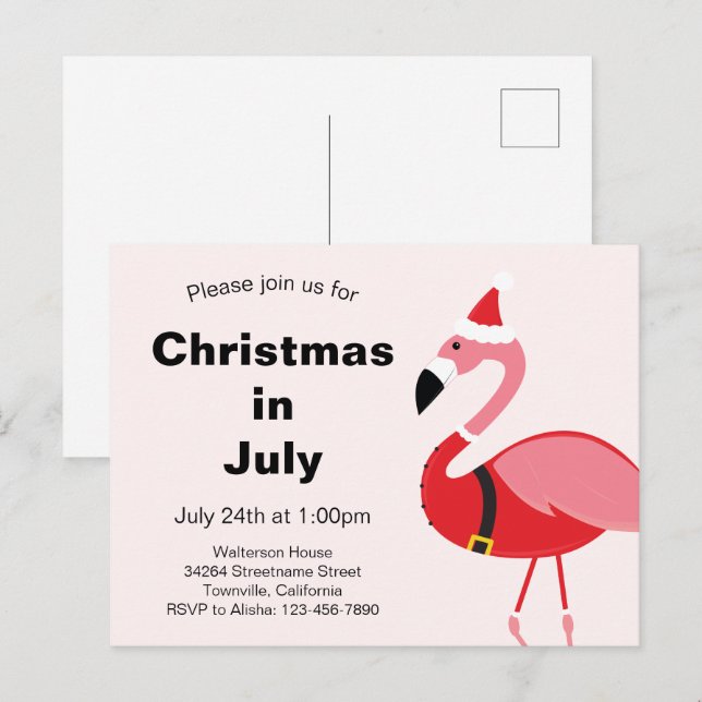 Invitation Carte Postale Flamant rose Père Noël Noël en juillet (Devant / Derrière)