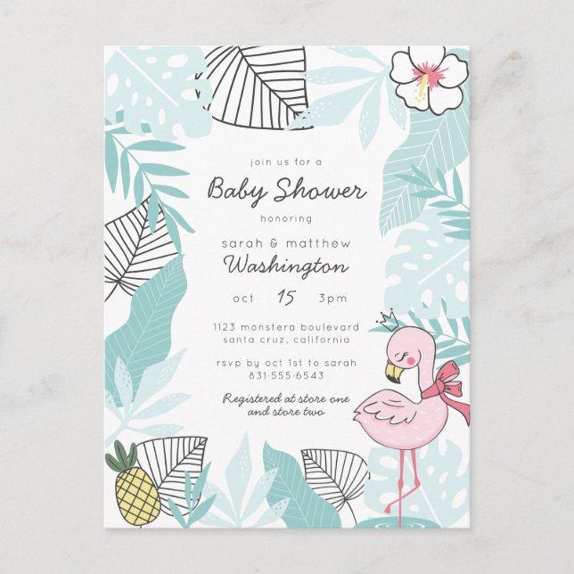 Invitation Carte Postale Flamant rose Tropical et Baby shower d'ananas (Devant)