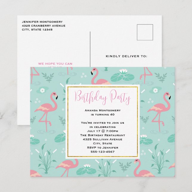 Invitation Carte Postale Flamants roses rose Pastel sur Motif vert Annivers (Devant / Derrière)