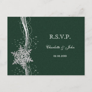 Invitation Carte Postale Flammes de neige vertes en argent Mariage d'hiver