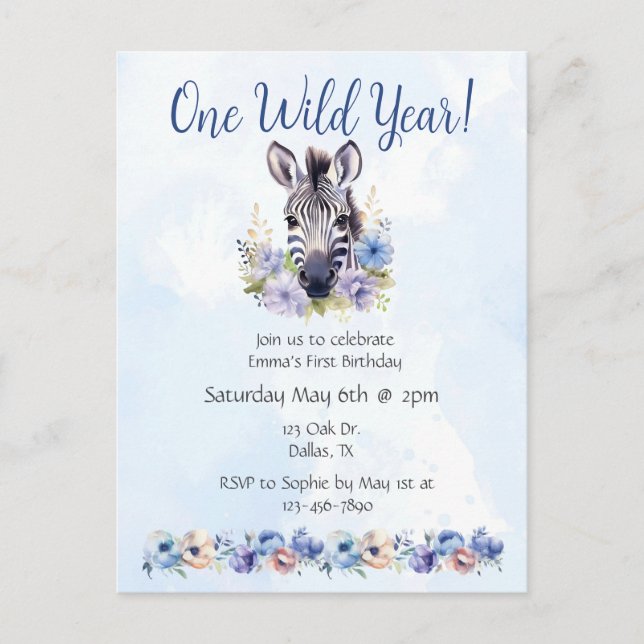Invitation Carte Postale Fleur bleue Zèbre Anniversaire (Devant)