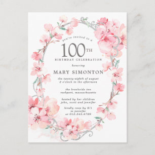 Invitation Carte Postale Fleur de cerise rose pâle 100e anniversaire