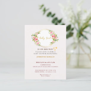 Invitation Carte Postale Fleur rose et or baby shower fille bébé