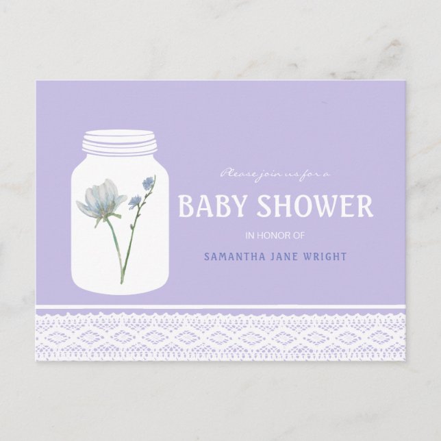Invitation Carte Postale Fleur sauvage Mason Jar et Baby shower dentelle (Devant)