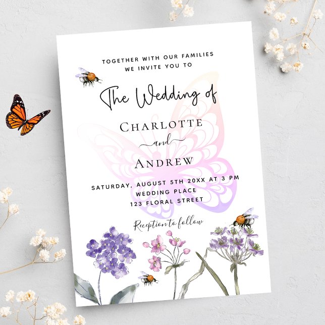 Invitation Carte Postale Fleur sauvage papillon violet rose mariage (Créateur téléchargé)
