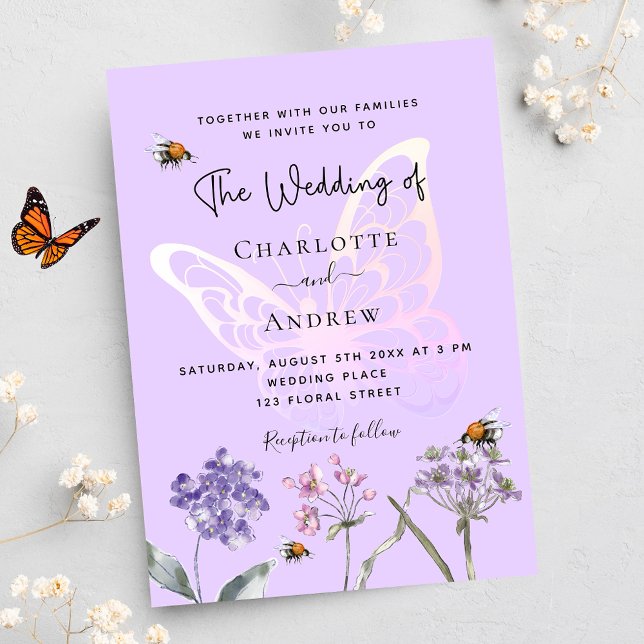 Invitation Carte Postale Fleur sauvage violet rose papillon mariage (Créateur téléchargé)
