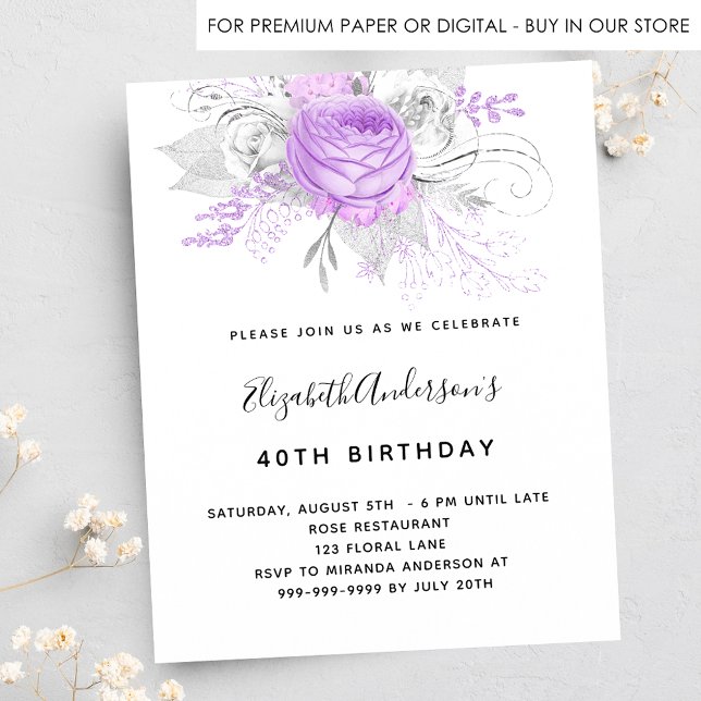 Invitation Carte Postale Fleur violet d'anniversaire élégant argent (Créateur téléchargé)