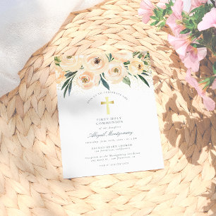Invitation Carte Postale Fleurs aquarelles Croix d'or Première communion sa