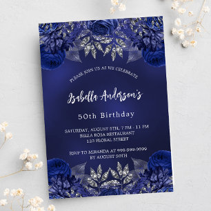 Invitation Carte Postale Fleurs bleu marine d'anniversaire élégant
