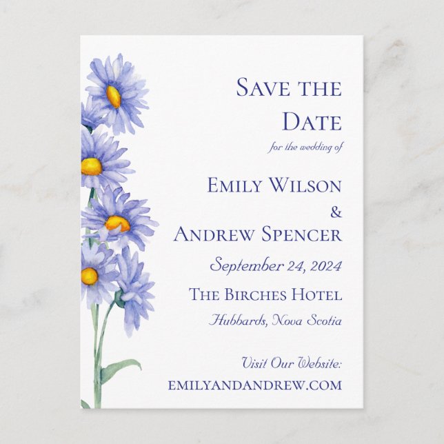 Invitation Carte Postale Fleurs Boho Aquarelle Aster Bleu Save the Date (Devant)