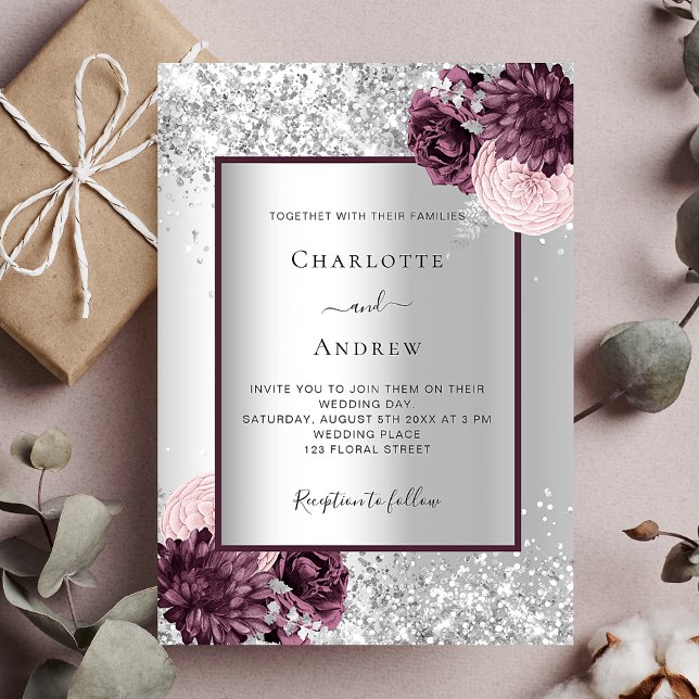 Invitation Carte Postale Fleurs bordeaux argentées mariage élégant (Créateur téléchargé)