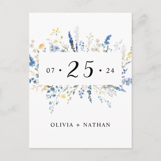 Invitation Carte Postale Fleurs Dainty Florales Sauvages Bleus Boho Enregis (Devant)