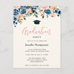 Invitation Carte Postale Fleurs d'aquarelle rose et bleu