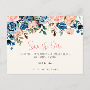 Invitation Carte Postale Fleurs d'aquarelle rose et bleu Enregistrer la dat