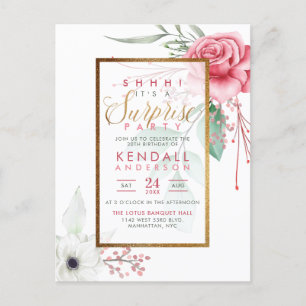 Invitation Carte Postale Fleurs d'aquarelle rose mignonne Floral Surprise P