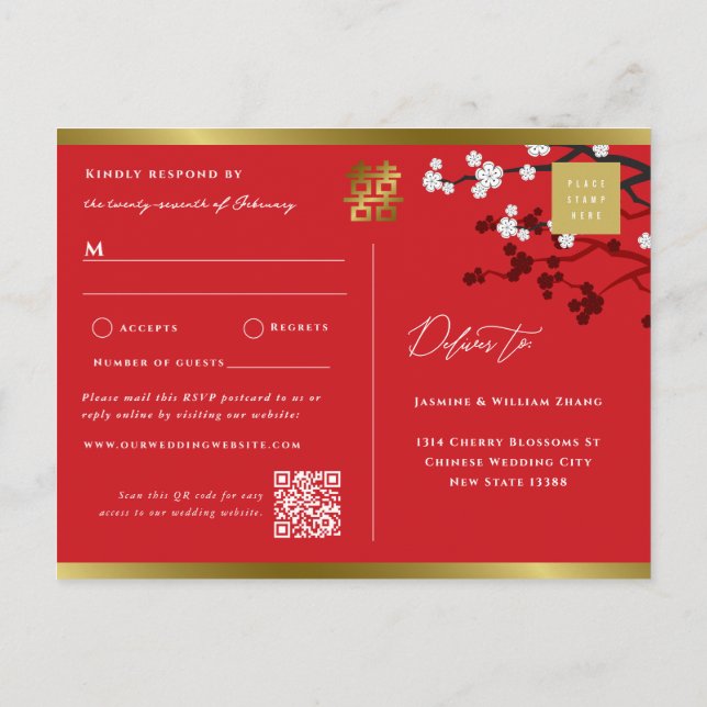 Invitation Carte Postale Fleurs de cerisiers et mariage chinois double Xi R (Dos)