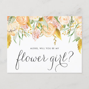 Invitation Carte Postale Fleurs de Pêche Feuille d'Or Seras-tu ma Demoisell